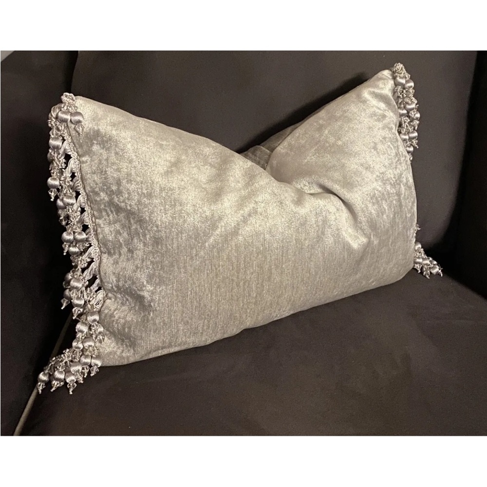 Pillows Decoration Italian Velvet  With Fringe Light Silver/Grey  NEW